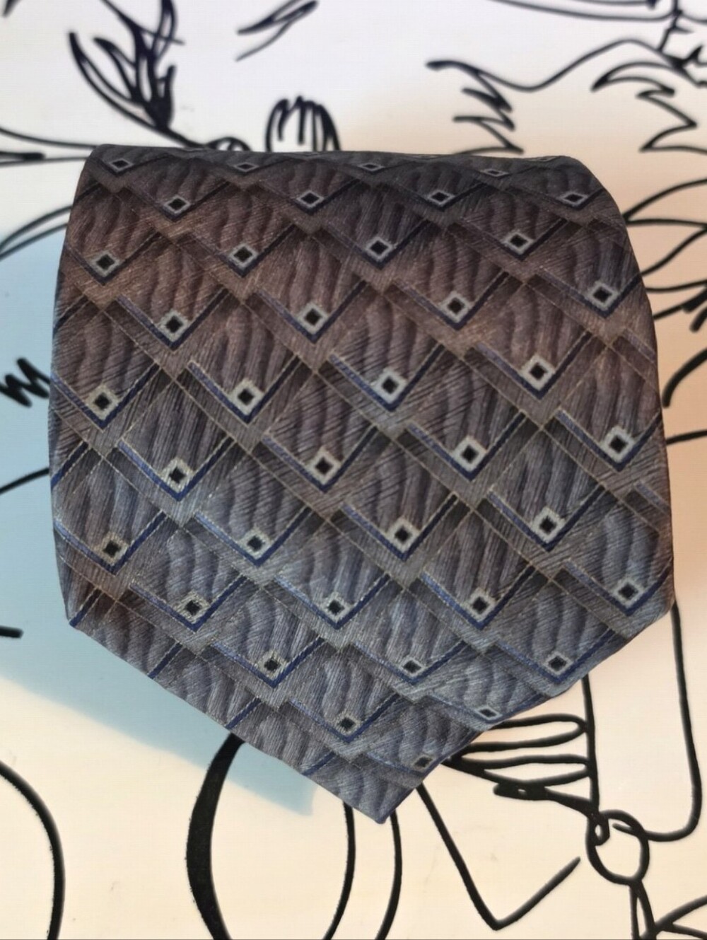 Vintage Screenplay by Martin Wong Silk Tie Geometric Brown Blue 65" Extra Long
